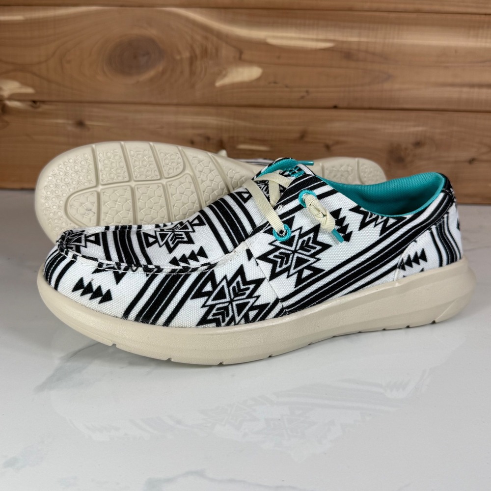 Ariat Black & White Patterned Canvas Loafers with Teal Lining